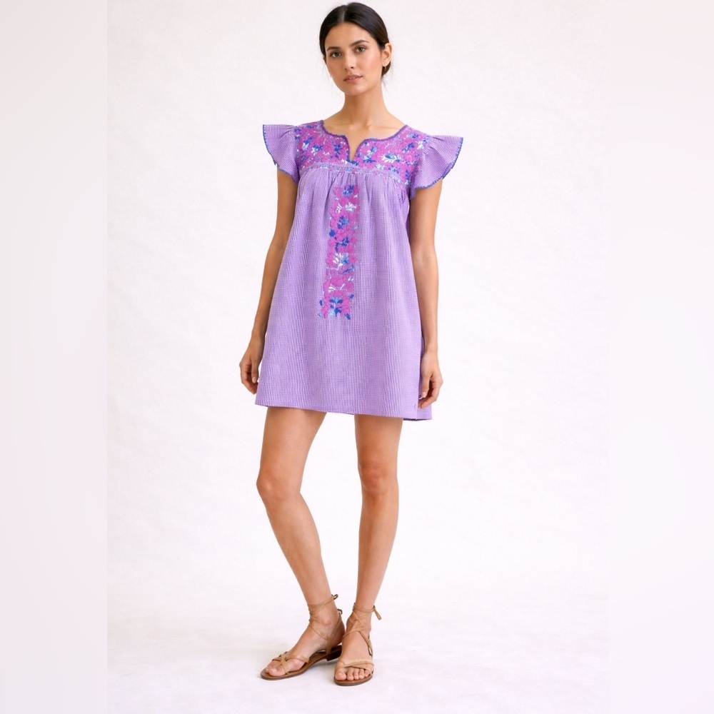 Artisan handmade purple gingham print floral embroidered huipil style mini dress